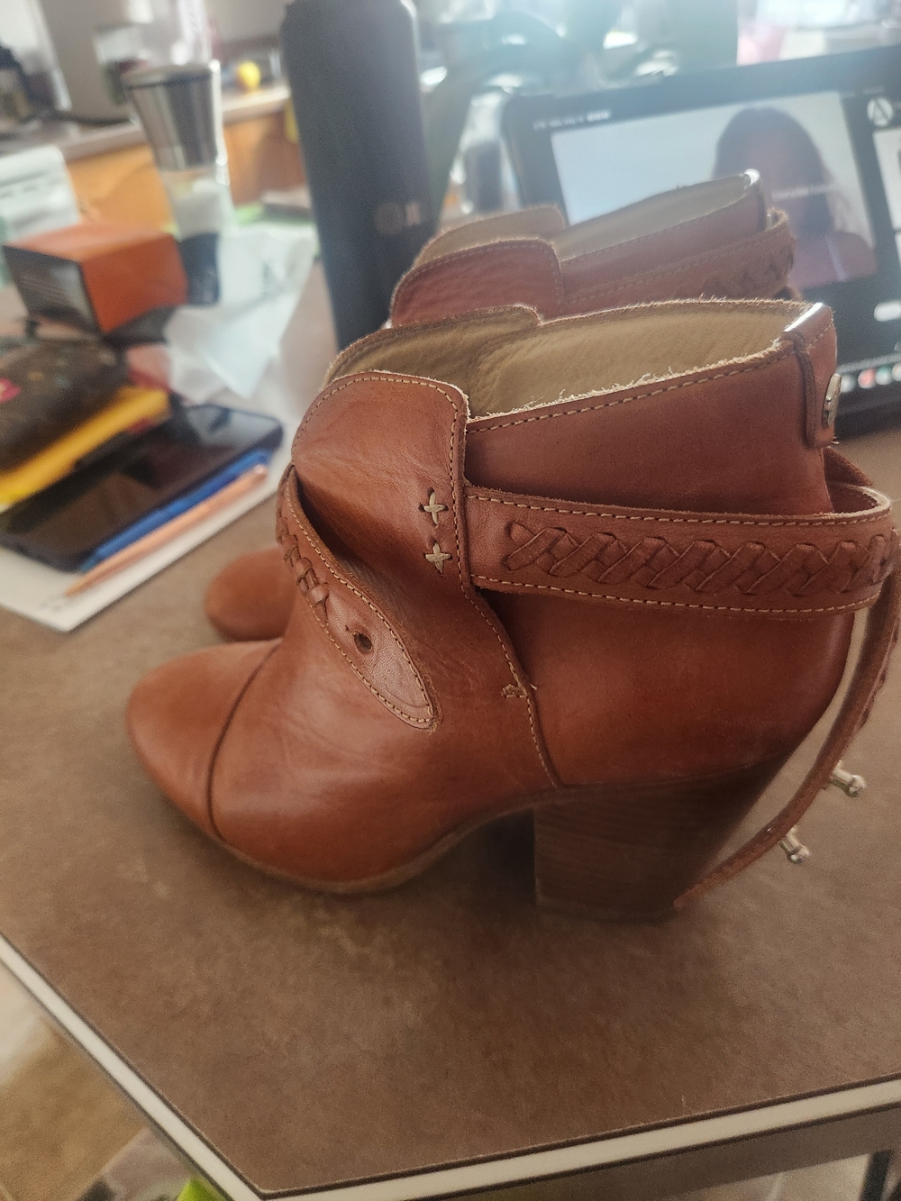 rag & bone Cognac Brown Leather Braided Strap Ankle Boots